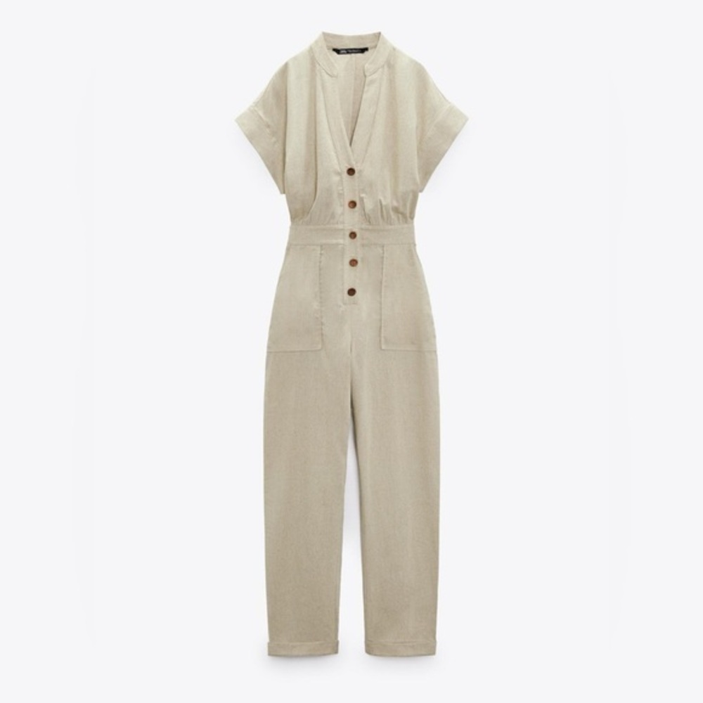 Zara Beige Utility Jumpsuit with Button Front